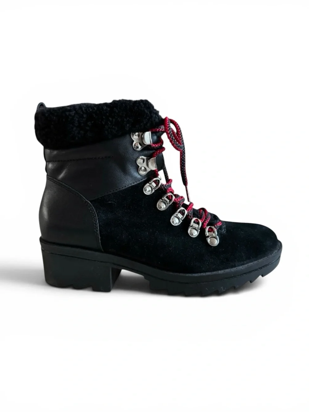 Marc Fisher Suede Faux Fur Fall Winter Boots Lace-Up Lug Sole Black Red Size 5.5